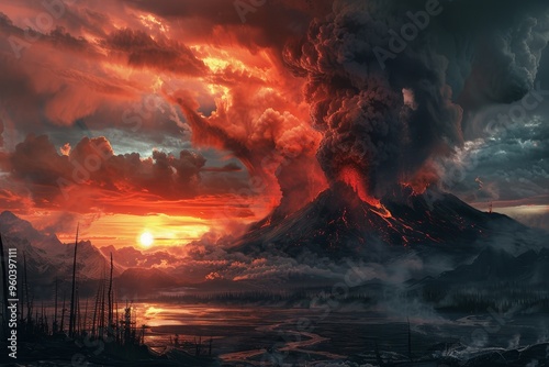 A fiery volcanic eruption illuminates the sky at sunset, casting an ominous glow over the surrounding landscape.