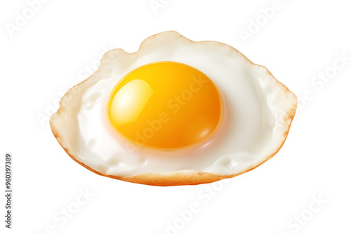 fried egg sunny side up with perfect round yolk and slight uneven shape side angle on transparent background