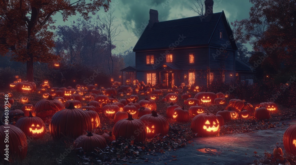 a large group of pumpkins sitting in front of a house, a halloween scene featuring large pumpkins glowing in the evening. generative ai