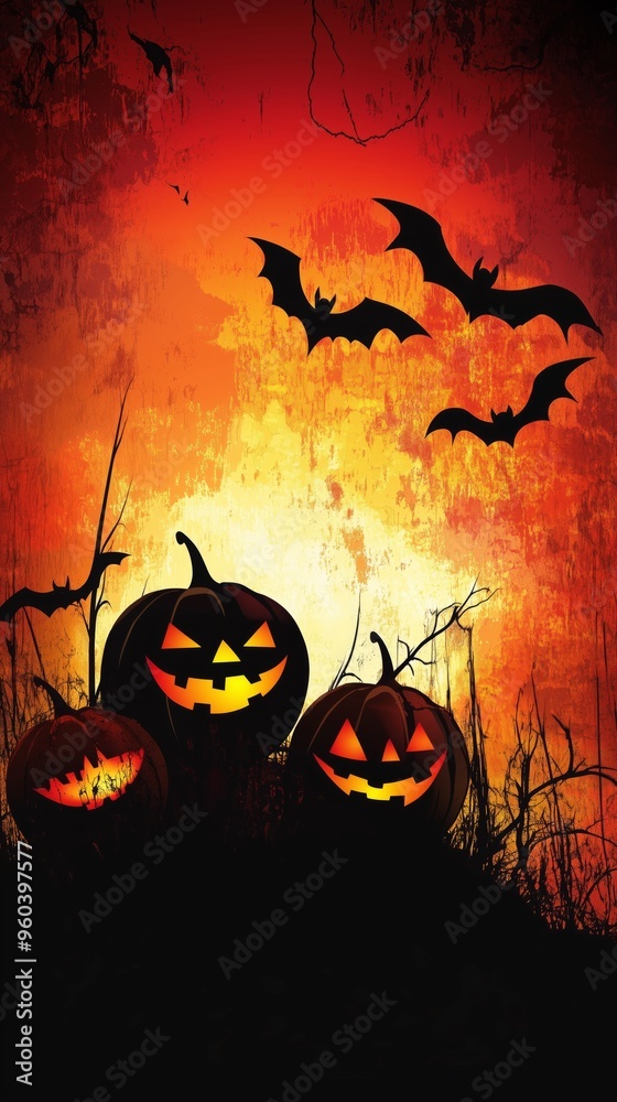 Fototapeta premium Glowing pumpkins with bats flying over a spooky Halloween scene