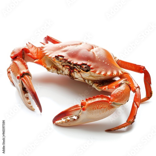 A fresh, red crab with its claws raised, isolated on a white background.
