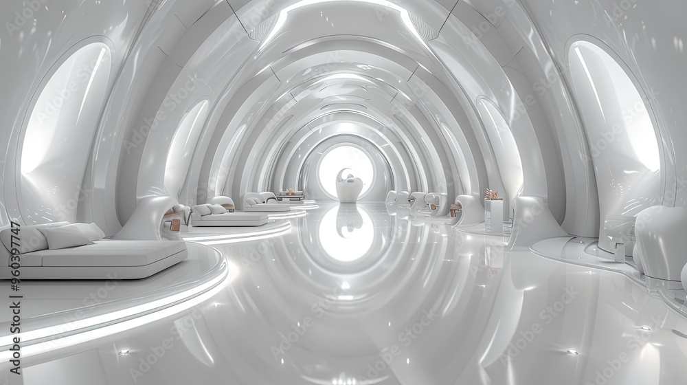 Obraz premium Futuristic interior design in white tones. Technologies of the future made of plastic. 3D illustration