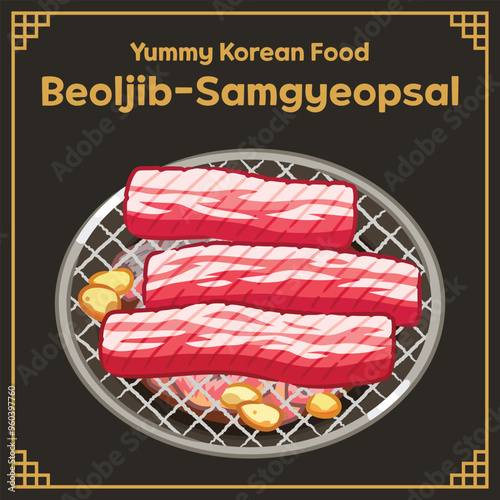 Yummy Korean Food BBQ Beoljip Samgyeopsal Vector EPS, pork belly