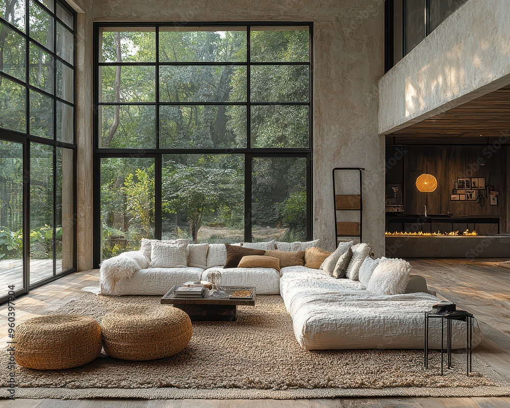Fototapeta premium Modern Elegance in a Cozy Chic Living Room with Large Windows and Contemporary Design Elements