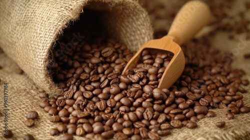 Coffee beans scattered on a burlap sack, with a wooden scoop in the foreground