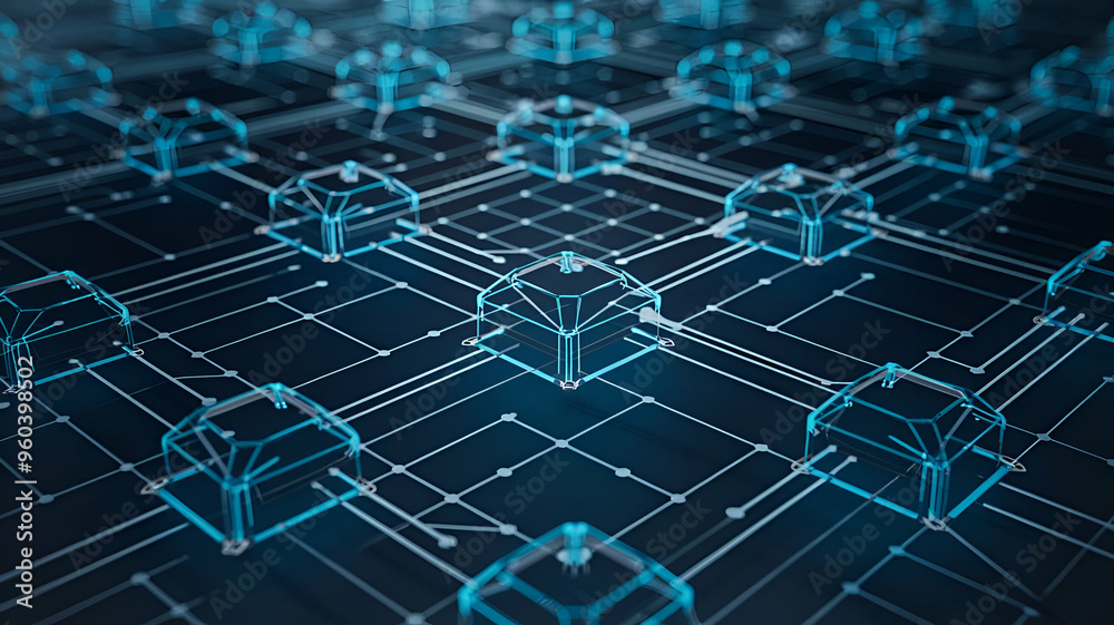 Obraz premium Futuristic Blockchain Data Network Glowing Decentralized Nodes in Secure Digital World Innovative Cryptocurrency Technology Visualization