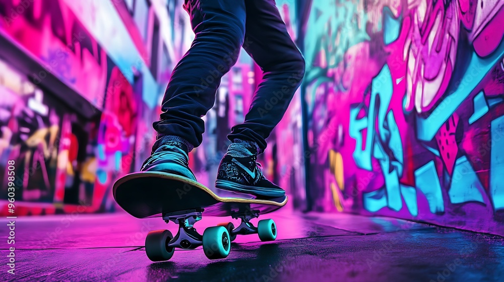 Fototapeta premium Urban Neon Skateboarding: Edgy Graffiti Art Poster in Electrifying Cityscape