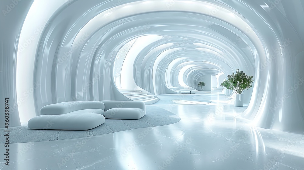 Fototapeta premium Futuristic interior design in white tones. Technologies of the future made of plastic. 3D illustration