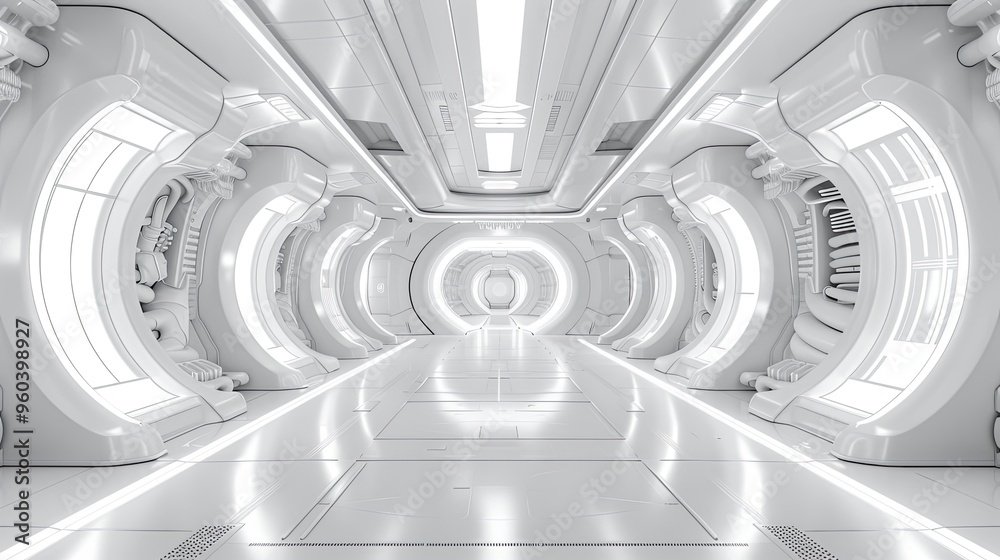 Futuristic interior design in white tones. Technologies of the future made of plastic. 3D illustration Futuristic interior design in white tones. Technologies of the future made of plastic. 3D illustration