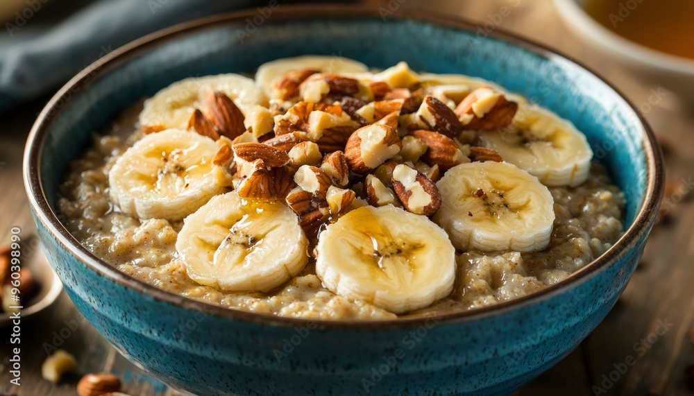 Oatmeal with Banana, Almonds, and Honey in a Blue Bowl Oatmeal with Banana, Almonds, and Honey in a Blue Bowl