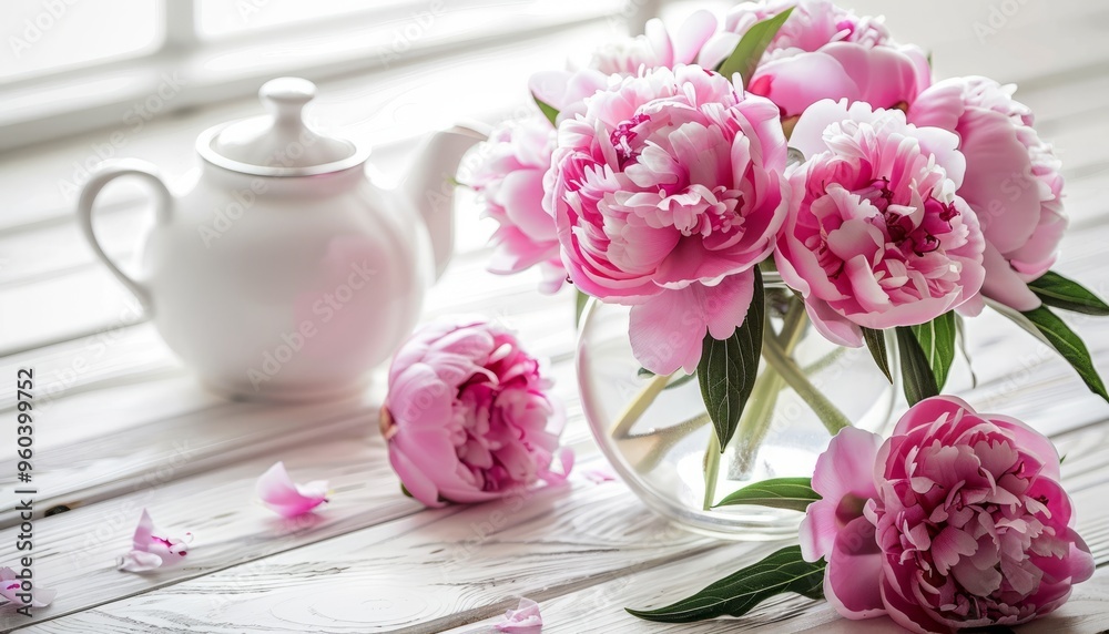 Pink Peonies in a Glass Jar: A Delicate Touch to a White Wooden Table Pink Peonies in a Glass Jar: A Delicate Touch to a White Wooden Table