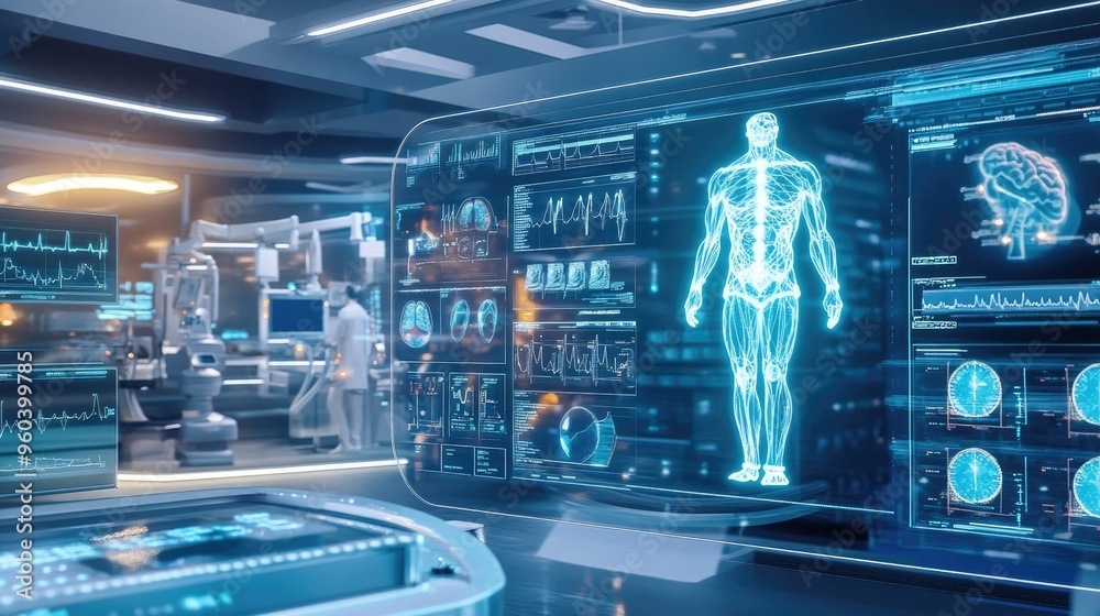 Advanced medical technology showcasing holographic health data and human anatomy in a futuristic hospital setting, emphasizing innovation in healthcare diagnostics.. Advanced medical technology showcasing holographic health data and human anatomy in a futuristic hospital setting, emphasizing innovation in healthcare diagnostics..