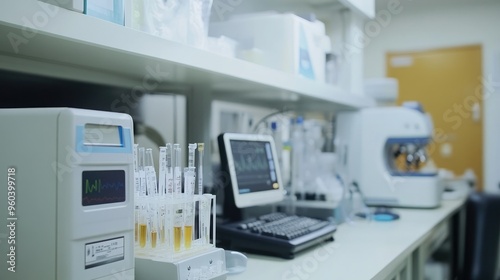 Wallpaper Mural A modern laboratory showcasing medical testing equipment, including test tubes, monitors, and advanced diagnostic machines, used for clinical research and analysis.. Torontodigital.ca