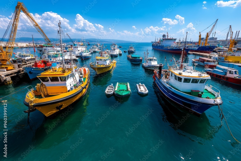 Obraz premium Panoramic photo, busy harbor, boats and ships fill the scene, showcasing the hustle and bustle of maritime life
