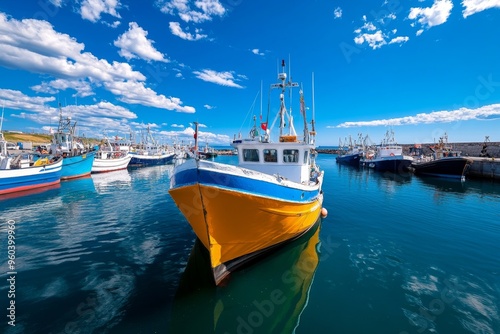 Panoramic photo, busy harbor, boats and ships fill the scene, showcasing the hustle and bustle of maritime life