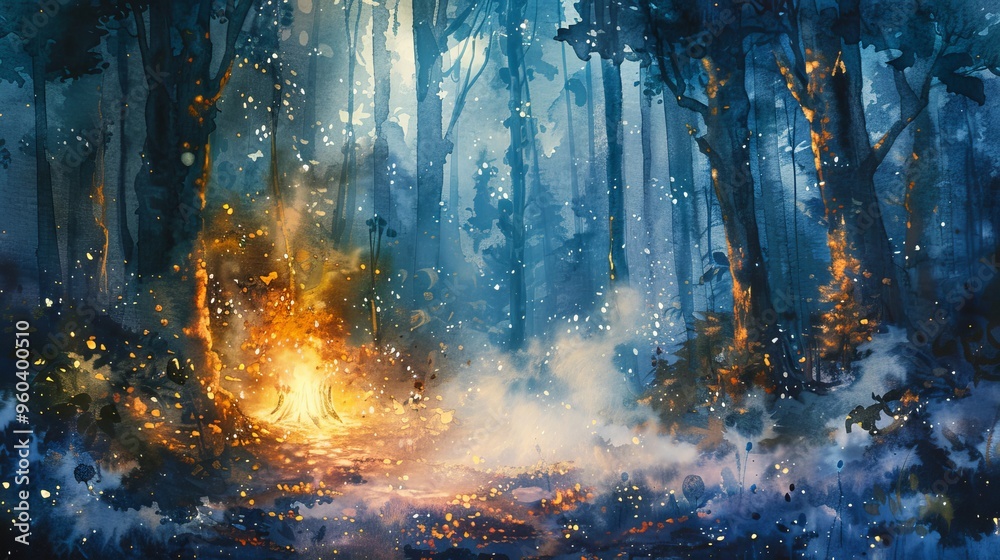 Fototapeta premium A magical forest scene with a glowing campfire in the center, surrounded by tall trees and mist.