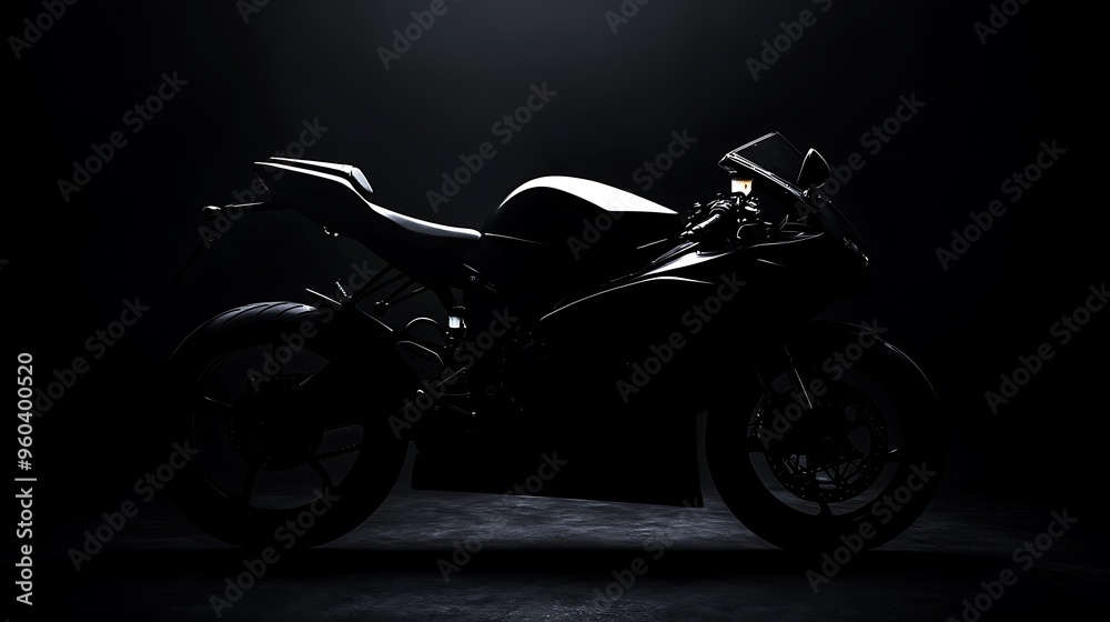 Fototapeta premium Stylish Silhouette of Sports Motorcycle on Black Background in Photorealistic Style, Ultra High Resolution Quality
