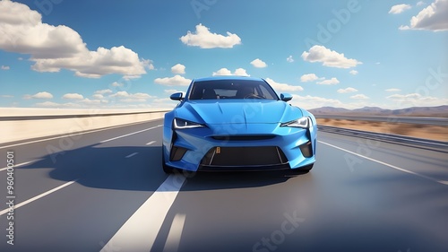 3D rendering of a blue automobile moving quickly down a highway that hides the pace of motion. AI-generated

