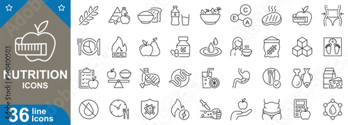 Nutrition line icons set. Diet, fruits, vegetables, protein, healthy, vitamins, hydration, carbohydrates, meal, foods and more. vector illustrator.