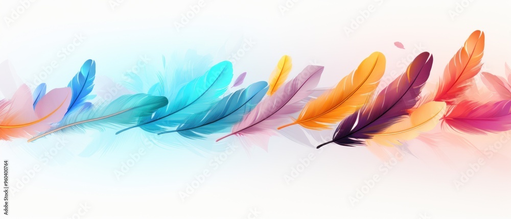 Fototapeta premium Row of Colorful Feathers with Soft Blurred Background