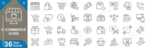 E-commerce icons set. Shopping, cart, online, payment, product, search, discounts, offers, customer, delivery, reviews and more. vector illustrator.