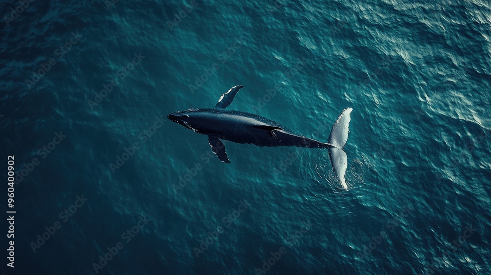 Obraz premium A majestic humpback whale glides peacefully through the deep blue ocean, illuminated by soft sunlight filtering through the water's surface..