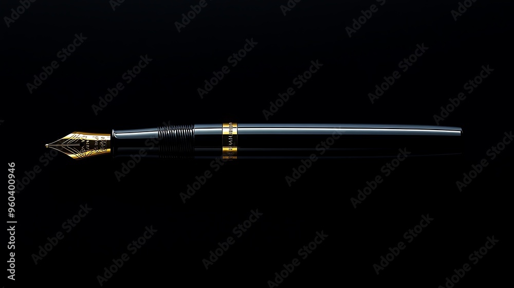 Naklejka premium Elegant Silhouette of Luxury Fountain Pen on Black Background - Photorealistic High-Resolution Photography