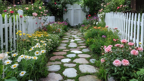 A quaint cottage garden with weathered stone pavers leading to a cozy seating area, lush flower beds filled with roses and daisies, a white picket fence enclosing the space, photo