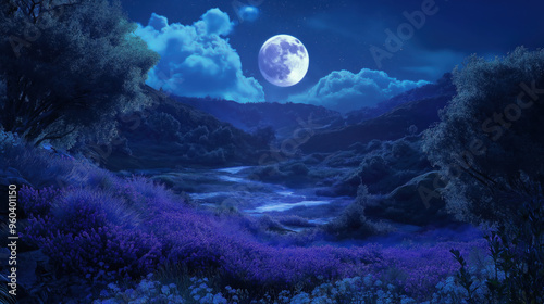 Serene moonlit landscape with purple flowers and a winding river under a starry night sky