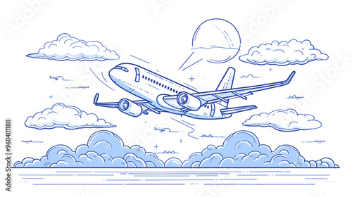Continuous line sketch of a travel aircraft vector
