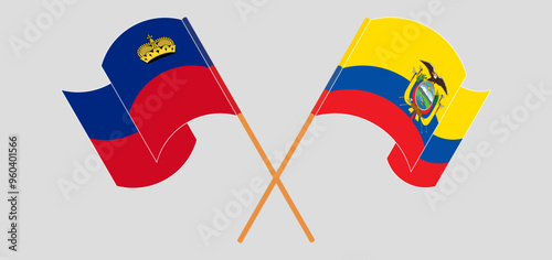 Crossed and waving flags of Liechtenstein and Republic of Ecuador. Vector illustration