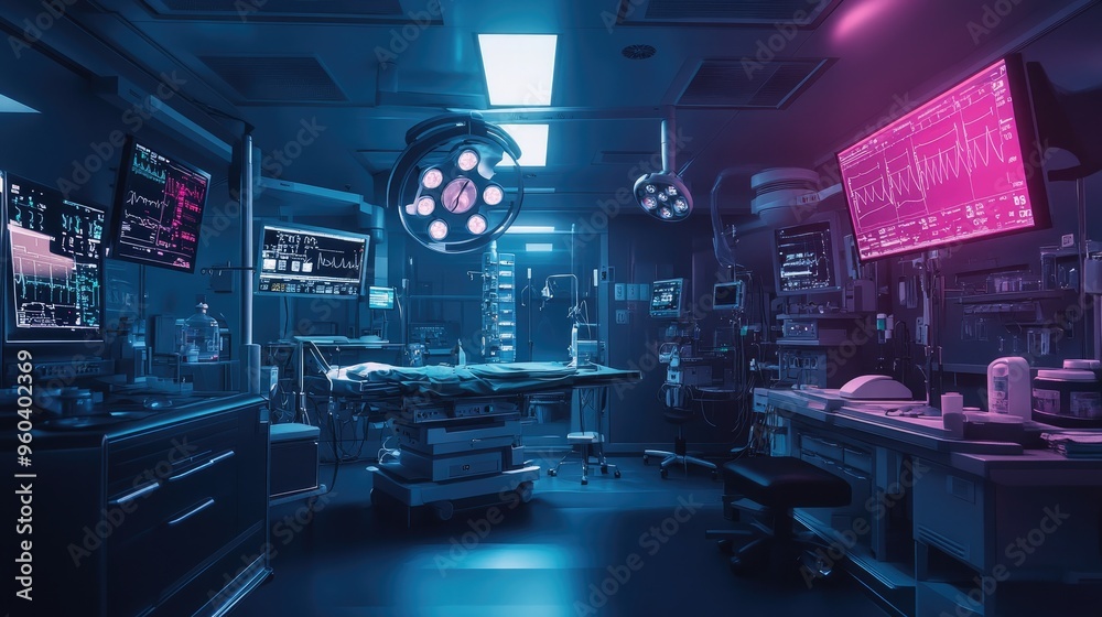 Modern operating room filled with advanced medical equipment and monitors, prepared for surgery, showcasing a cutting-edge healthcare environment.. Modern operating room filled with advanced medical equipment and monitors, prepared for surgery, showcasing a cutting-edge healthcare environment..