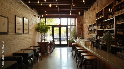 Warm and inviting wine bar featuring rustic brick walls, wooden shelves stocked with wine bottles, and dim, ambient lighting, creating a cozy atmosphere..