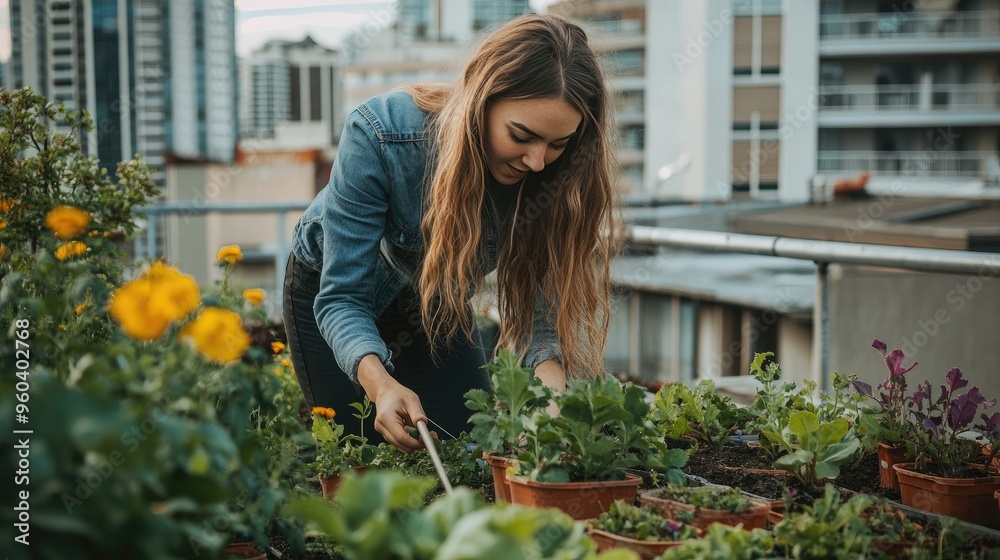 A young woman tends to her herb garden on an urban balcony, enjoying a sunny day while nurturing her plants in a city setting.. A young woman tends to her herb garden on an urban balcony, enjoying a sunny day while nurturing her plants in a city setting..