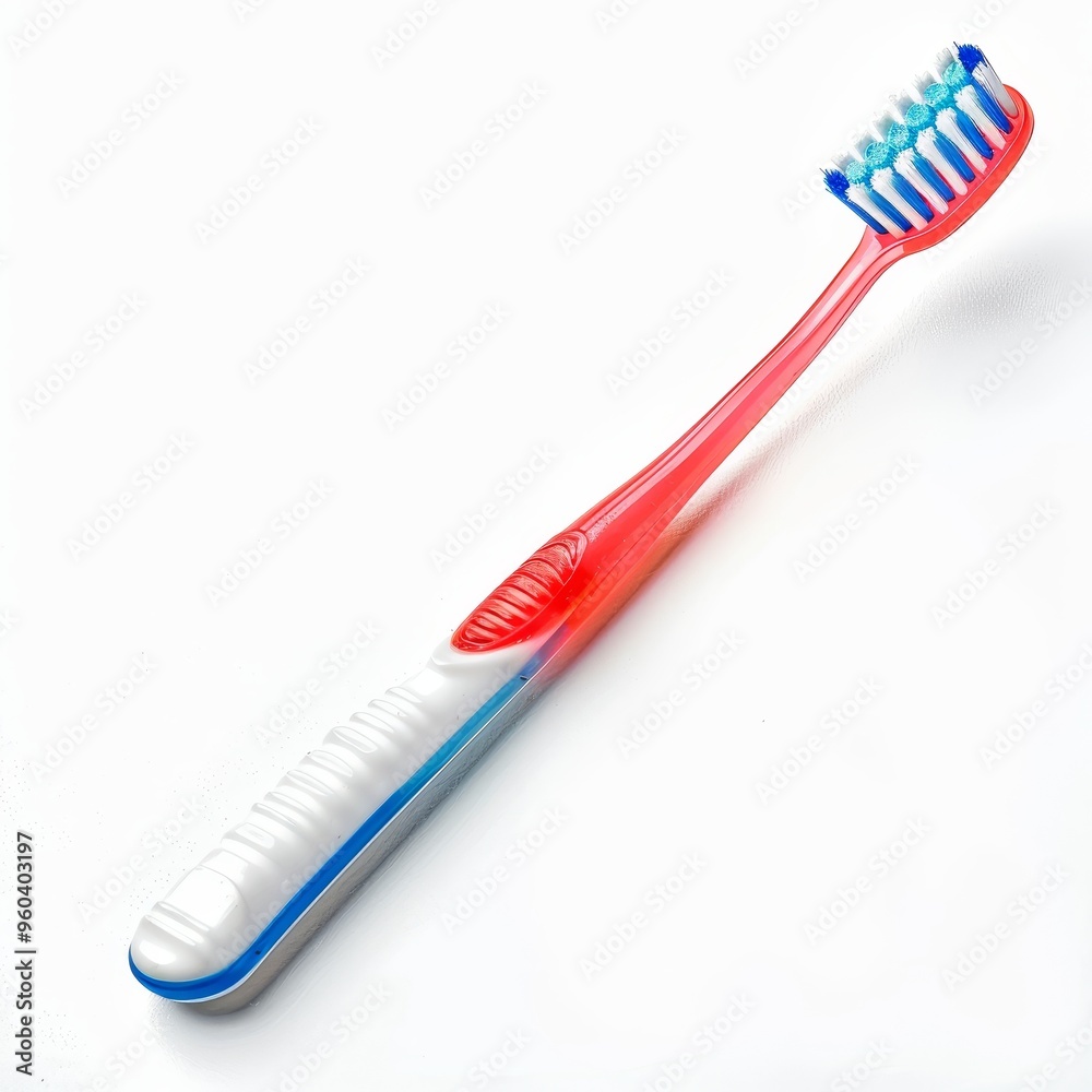 A red and blue toothbrush with soft bristles isolated on a white background. A red and blue toothbrush with soft bristles isolated on a white background.
