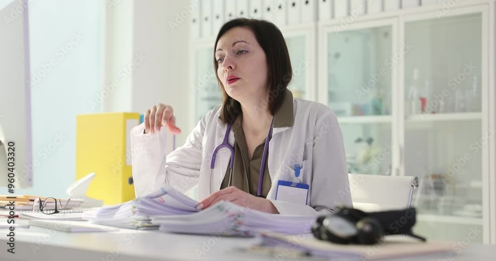 Woman medic with stethoscope examines pacients papers at workplace in hospital. Female doctor experiences fatigue suffering from acute headache Woman medic with stethoscope examines pacients papers at workplace in hospital. Female doctor experiences fatigue suffering from acute headache
