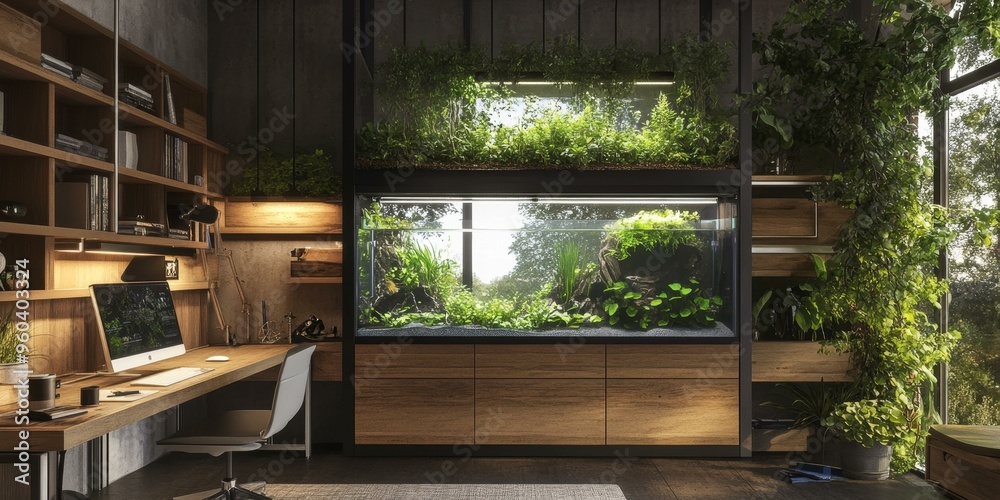 Modern office with a large aquarium and lush greenery. Modern office with a large aquarium and lush greenery.