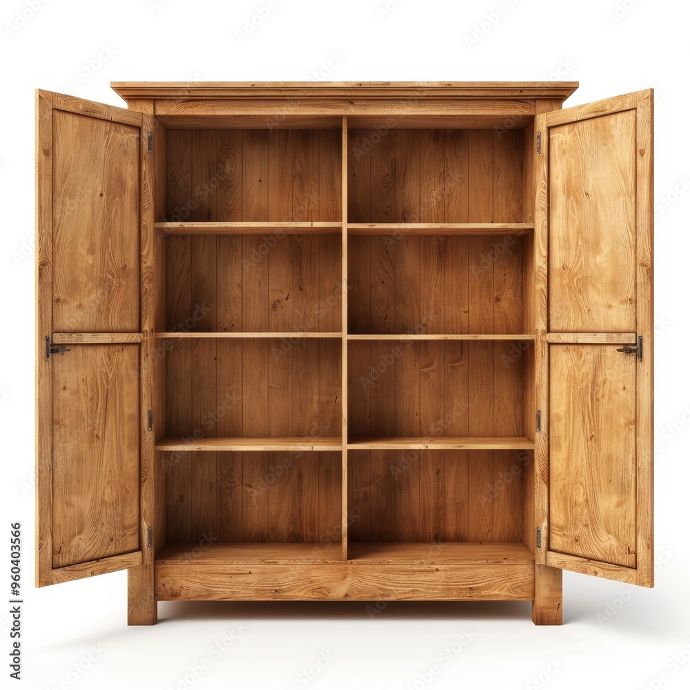 A rustic wooden cabinet with two open doors and multiple shelves, isolated on a white background. A rustic wooden cabinet with two open doors and multiple shelves, isolated on a white background.