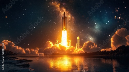 Rocket launch at night, fiery glow lighting up the surroundings, stars and distant galaxies in the background, mesmerizing and powerful