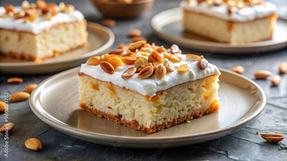 Sliced sheet cake with whipped cream and caramelized almond topping on a plate Sliced sheet cake with whipped cream and caramelized almond topping on a plate