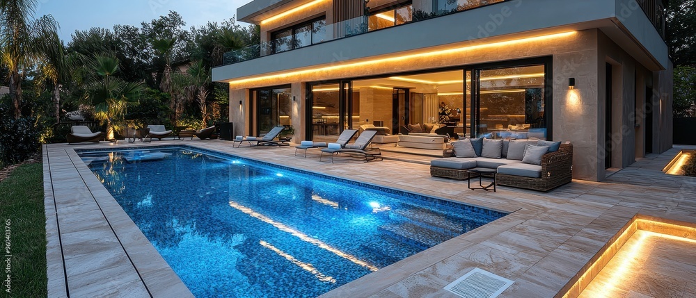 Fototapeta premium Serene Elegance: Contemporary Luxury Pool with Underwater Lights and Stylish Outdoor Furnishings