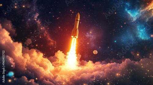 Rocket launch at night, fiery glow lighting up the surroundings, stars and distant galaxies in the background, mesmerizing and powerful