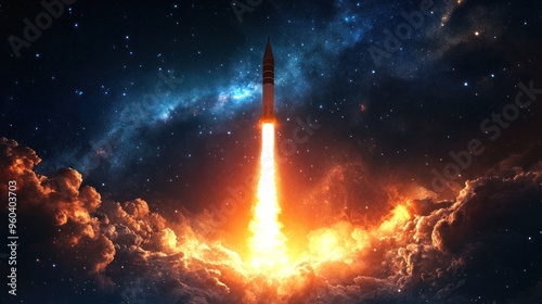 Rocket launch at night, fiery glow lighting up the surroundings, stars and distant galaxies in the background, mesmerizing and powerful