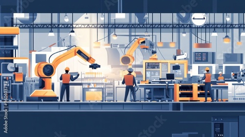 Scene of an automated factory in action, workers and robots working together, focus on efficiency and innovation