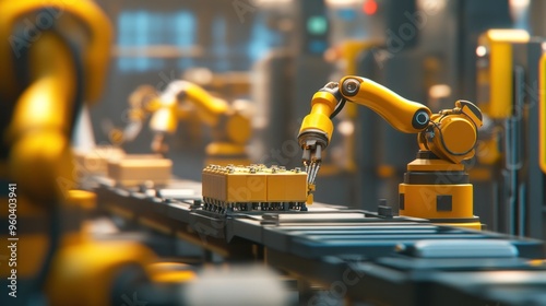 Scene of an automated factory in action, workers and robots working together, focus on efficiency and innovation