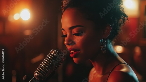 A singer stands in front of a microphone, performing on stage under vibrant, colorful lights, creating a moody and artistic atmosphere. photo