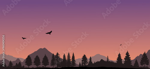 Vektor Silhouetten - Wunderschöne ruhige Landschaft mit Bergen, Hügeln, Bäumen und Büschen - Freiheit in der Natur