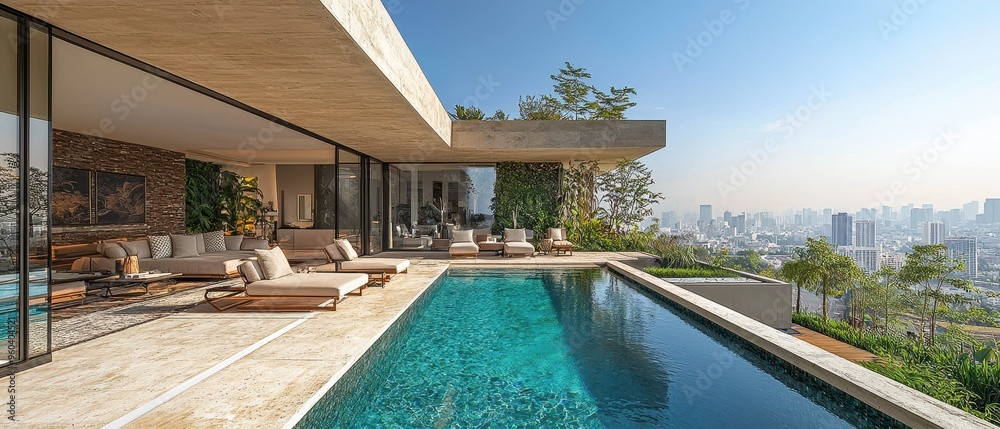 Fototapeta premium Luxurious Rooftop Oasis: Infinity Pool, Modern Furnishings, Panoramic City View