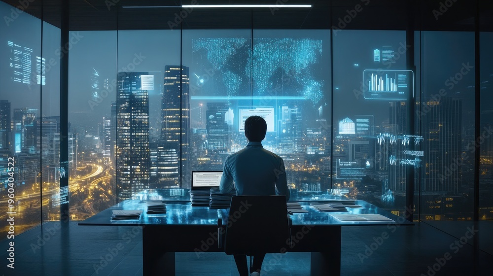 A businessman in a high-rise office analyzes digital data on transparent screens, overlooking a futuristic city skyline illuminated at night.