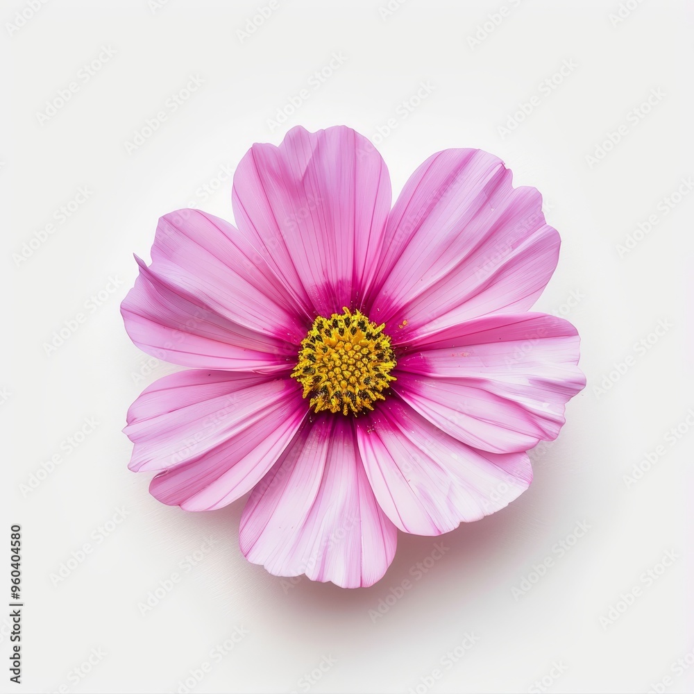 A single pink cosmos flower isolated on a white background. A single pink cosmos flower isolated on a white background.
